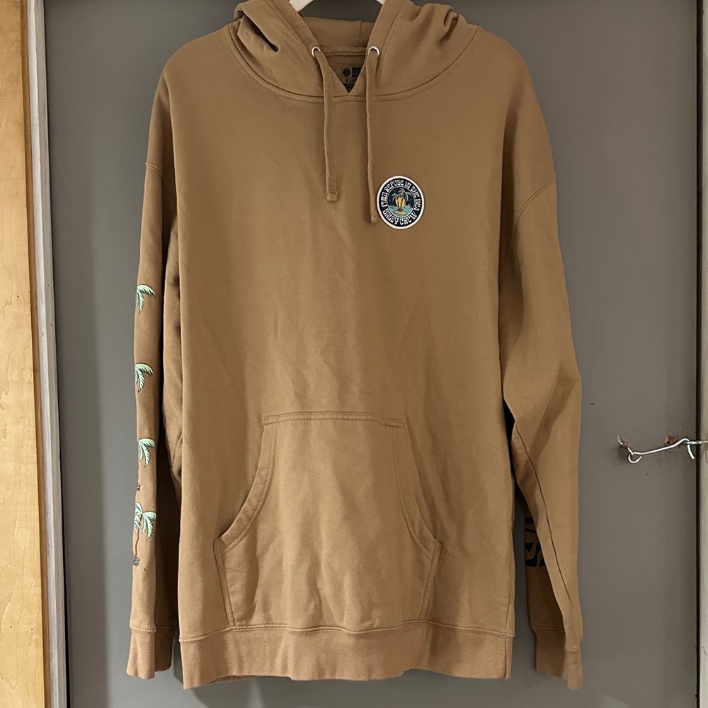 Salty Crew Blue Crabber Overdyed Sweatshirt in Sandstone with Palm Tree Sleeve - Picture 9 of 10